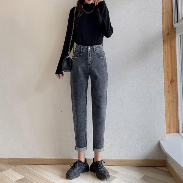 

women's jeans high waist straight vintage skinny slim fashion washed trousers female denim pencil pants elastic ninth, Blue