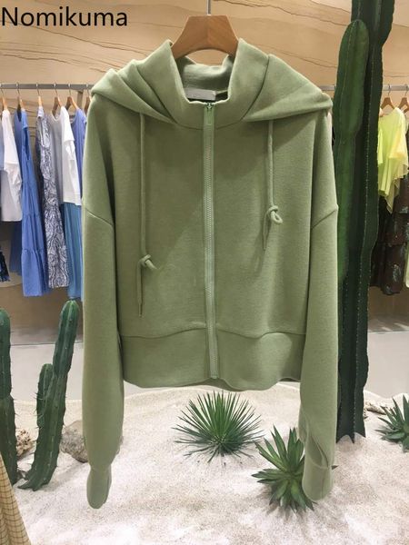 

nomikuma causal short zipper hooded sweatshirt coat long sleeve korean solid hoodies jacket autumn new hoody outwear 6c182 210427, Black
