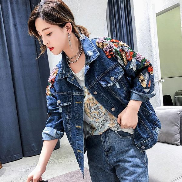 

women's jackets women glitter sequin denim jacket holes beading jeans outerwear chaqueta mujer, Black;brown