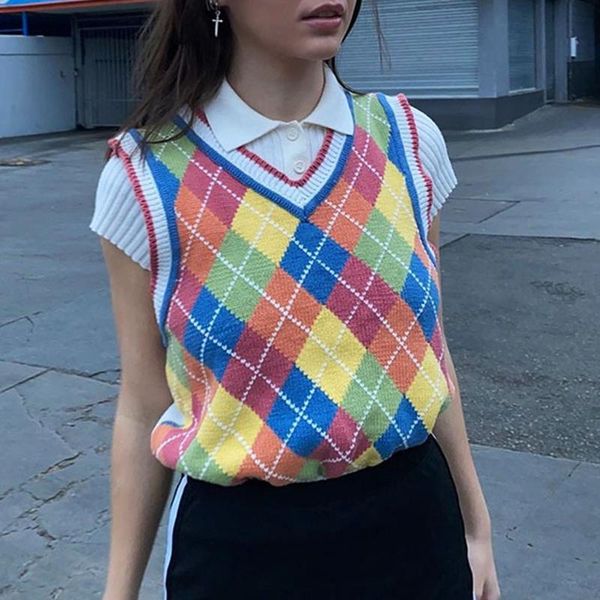 

women's sweaters women preppy style knitted sleeveless vest rainbow colorful rhombus plaid sweater v-neck loose pullover jumper tank, White;black