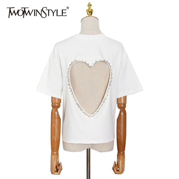 

white patchwork diamond for women o neck short sleeve hollow out casual t shirt female fashion clothing 210524