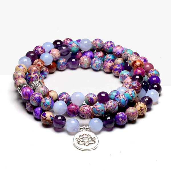 

natural stone 108 mala bead bracelet for women yoga lotus to bracelets meditation healing buddhist charm 8mm, Golden;silver