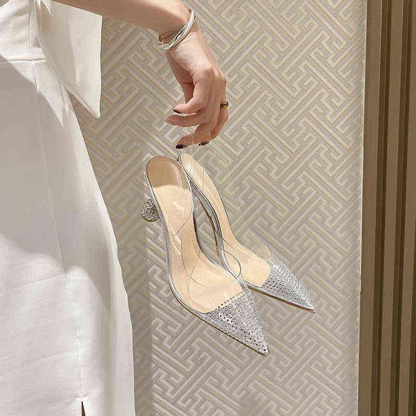 

sandals 7cm new fashion clear pointed toe with rhinestone high heels ankle wrap women shoes 38 39 40 220121, Black