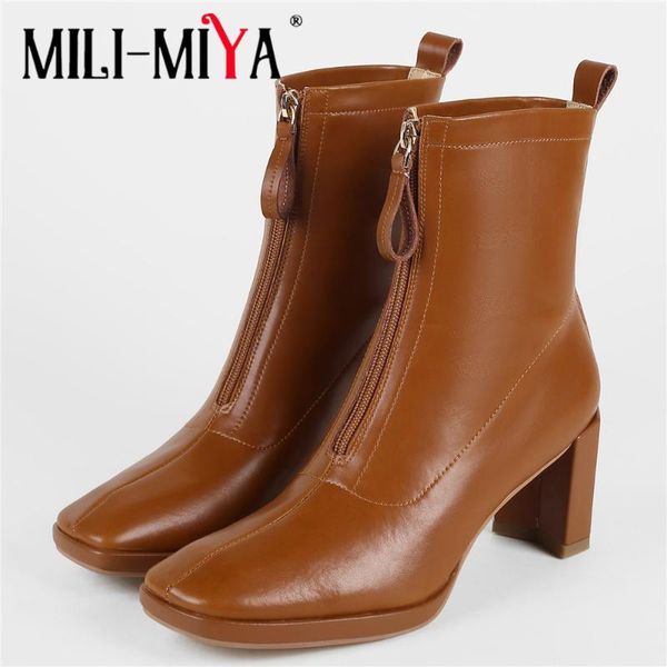 

boots mili-miya genuine leather thick high heels front zipper ankle fashion square toe autumn winter office lady handmade, Black
