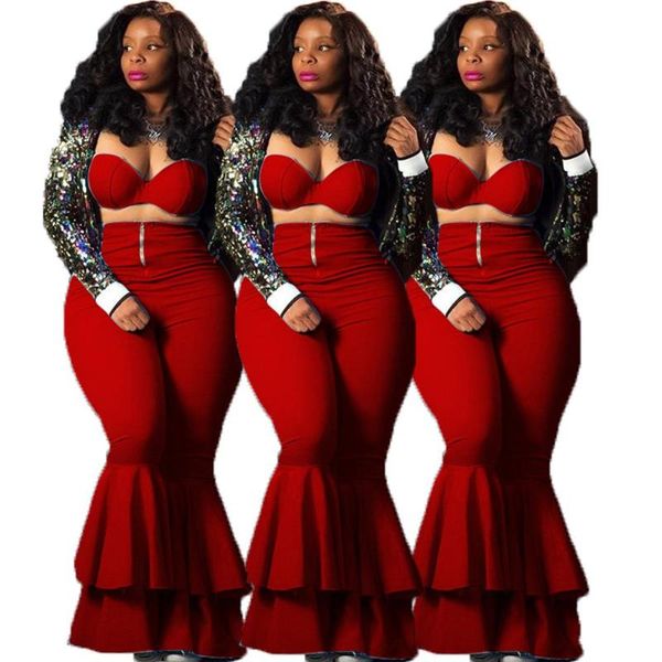 

two piece dress women fashion plus size outfit bra and ruffles flare pants 2 set sweet club suit, White