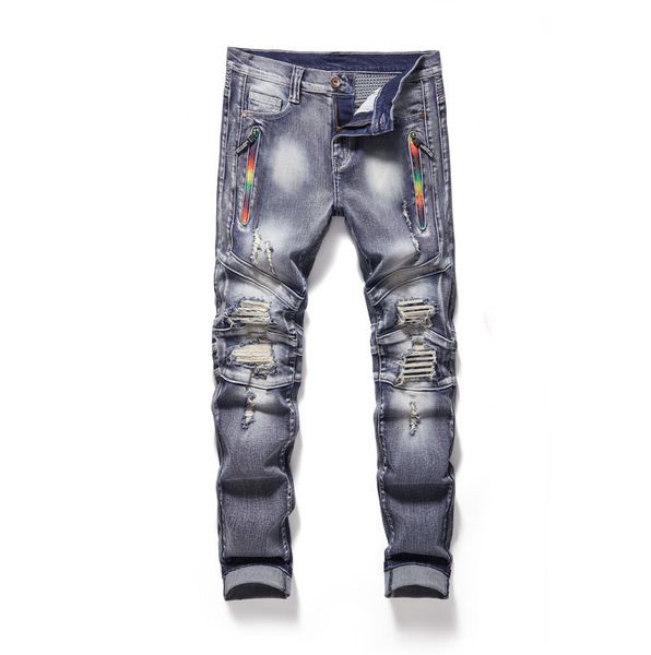 

fashion jeans stretch casual blue straight pants mid waist motorcycle ripped zipper