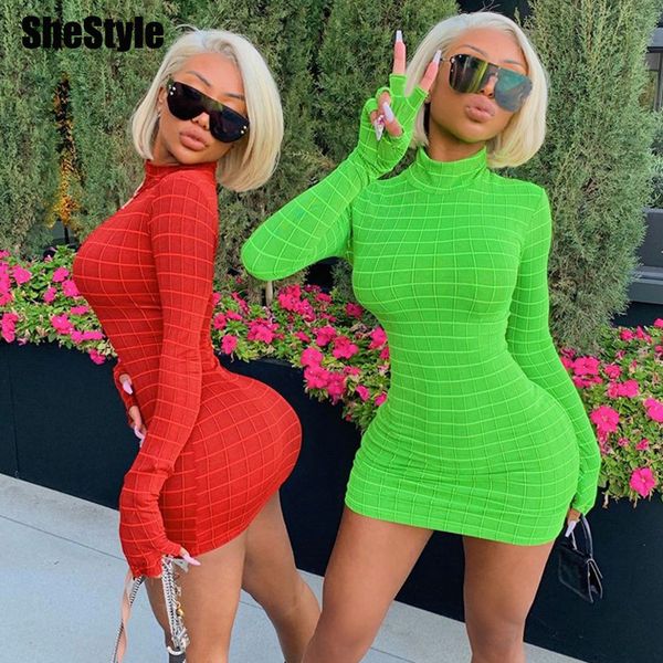 

shestyle plaid sleeve with gloves dress women turtleneck bodycon autumn winter clubwear party neon t shirt dresses 2021by, Black;white
