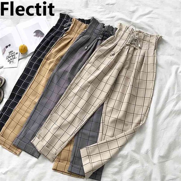 

flectit women's plaid pants lace up with pocket paperbag high waist ankle spring summer female trousers * 210925, Black;white