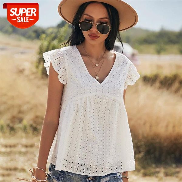 

2021 new sweet hollow out women casual spring summer flying sleeve blouse ladies loose v neck pullover #yv4d, White