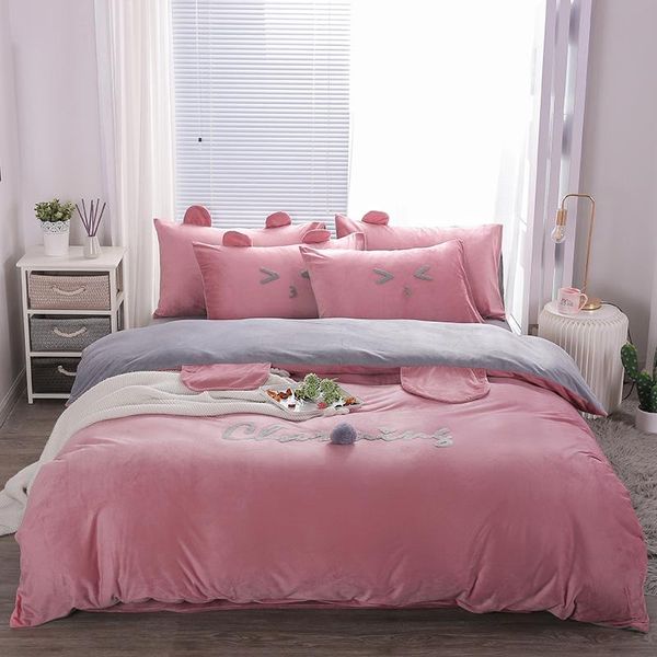 

bedding sets cute bear ear pink gray blue yellow fleece fabric winter girl cover soft sheet/linen velvet bed duvet pillowcases set
