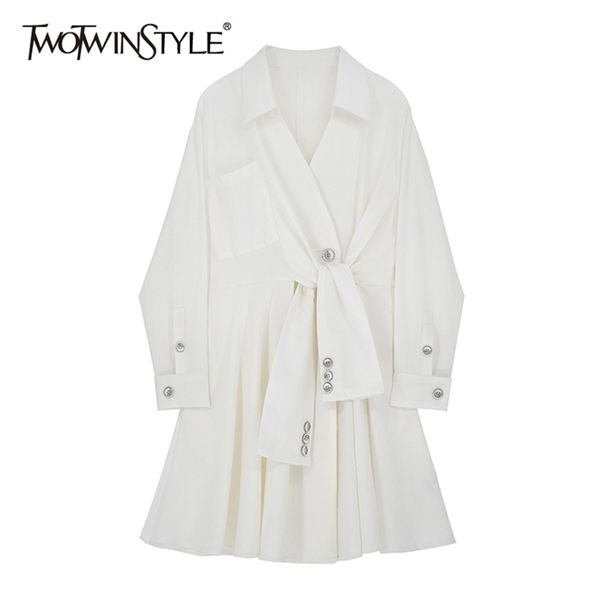 

elegant lace up women dress lapel collar lantern long sleeve high waist ruched asymmetrical dresses for female 210520, Black;gray