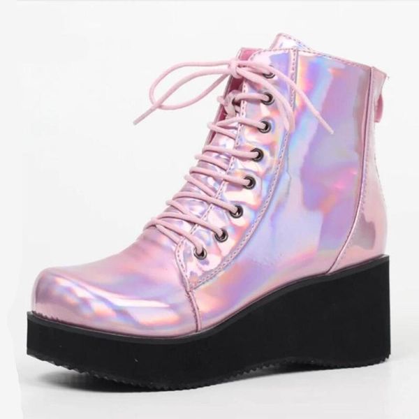 

boots ankle women lacing wedges platform casual fashion punk short plus size botas mujer f257, Black