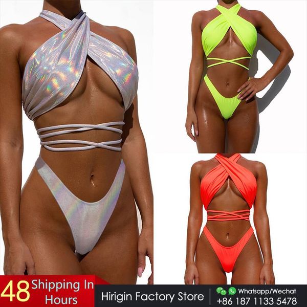 

cossbody bandage two piece swuit women swimwears sequins halter thong bikini set padded swimsuit bathing suit, White;black