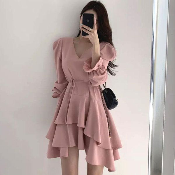 

autumn long sleeve woman dress 2021 elegant korean style v-neck double ruffle hem drawstring casual mini ladies dresses gym clothing, White;black