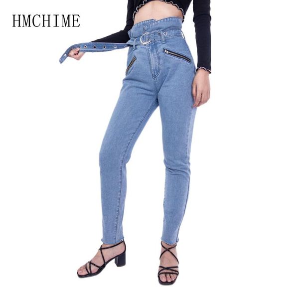 

women's jeans pure cotton high waist slim women jean bandage zipper female cowboy denim pants vintage bleached woman pencil, Blue