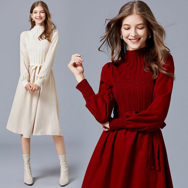 

autumn and winter long bottomed skirt fashion lantern sleeve sleeve 2021 half high neck knitted stitched dress, Black;gray