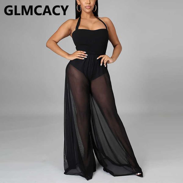 

women halter wide leg backless solid jumpsuits 210702, Black;white