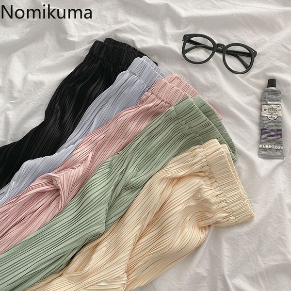 

nomikuma stretch high waist wide leg pants women unicolor casual loose trousers female korean style summer pantalones femme 210514, Black;white