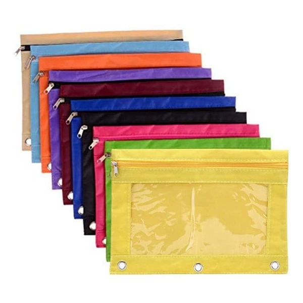 

pencil bags 10 pack 3-ring pouch, zipper pen pouches in assorted colorscloth case for office college school supplies