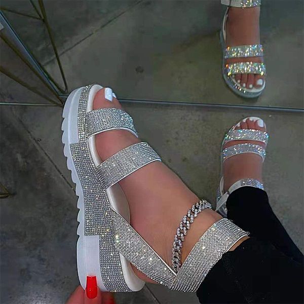 

Woman Crystal Sandals Summer 2021 Womens Slides Women Thick Bottom Wedges Ladies Comfort Footwear Plus Size Female Beach Shoes, Silver