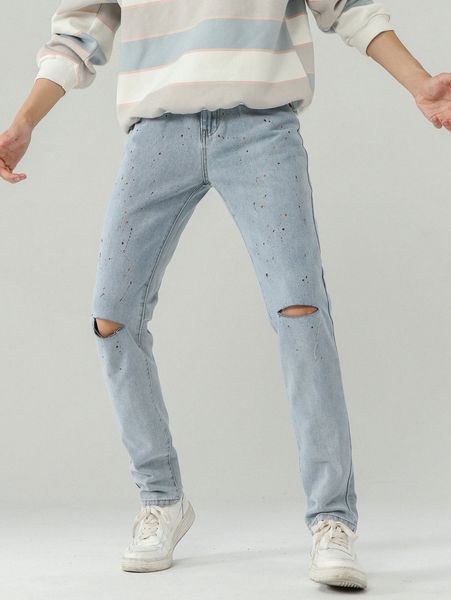 

men solid cut out high waist jeans 471w#, Blue