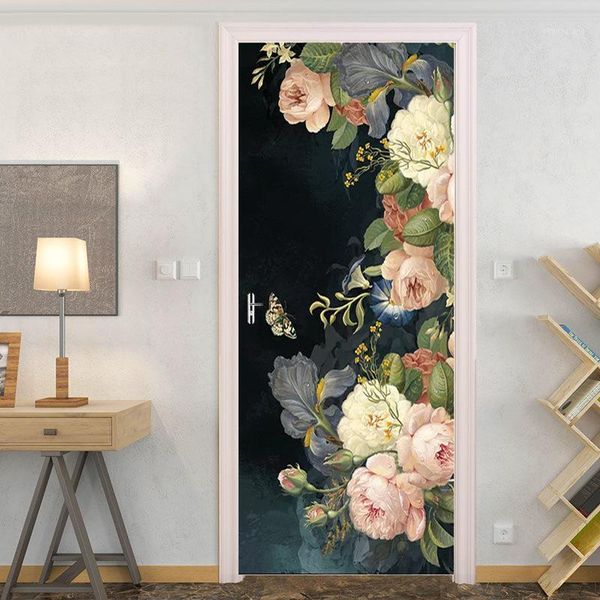 Andere dekorative Aufkleber Vintage schöne Pflanzenblumen Malerei 3D-Türaufkleber Selbstklebender entfernbarer Wohnzimmer-Schlafzimmer-Wallpap