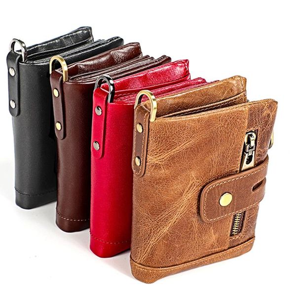

men chain casual zipper wallet crazy horse genuine leather rfid block retro wallets, Red;black