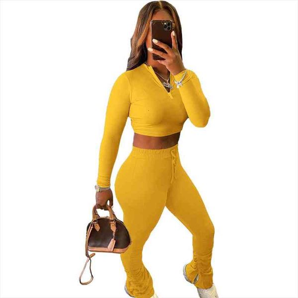 

lounge wear solid drawstring tracksuit women fitness long sleeve zipper crop stacked leggings bodycon two piece set outfit, Gray