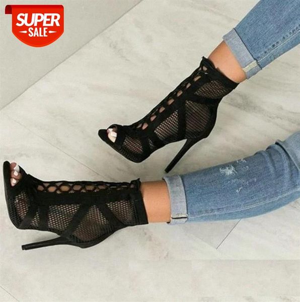 

dropship fashion black summer sandals lace up cross-tied peep toe high heel ankle strap net surface hollow out sandals #uo7l
