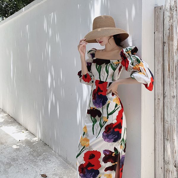 

french retro-neck square vintage floral dress lantern impression thin sleeve from midi slit step dressed, Black;gray