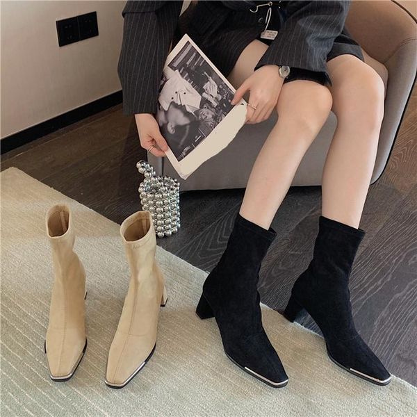 

boots lady brand women's shoes winter footwear boots-women fashion 2021 high heel rubber autumn mid-calf mid calf fabric lace-u, Black