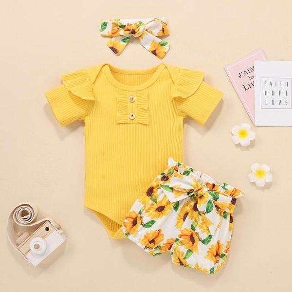 

clothing sets #vw solid color ribbed romper floral print shorts+bow headbands casual summer set born baby girls sweet outfits ropa, White