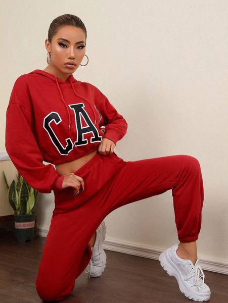 

letter graphic drop shoulder drawstring crop hoodie & sweatpants 63hz#, White