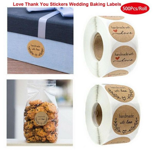 

500pcs 1inch diy hand made handmade with love label wedding stickers adhesive kraft round labels thank you sticker wall