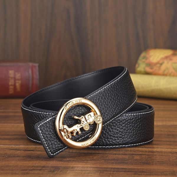 

buckles belts 2021 litchi pattern carriage round buckle men's business leisure versatile youth men, Slivery;black