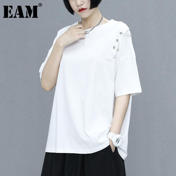 

women's t-shirt [eam] women gray pin spliced casual big size round neck half sleeve fashion tide spring summer 2021 1de0818, White