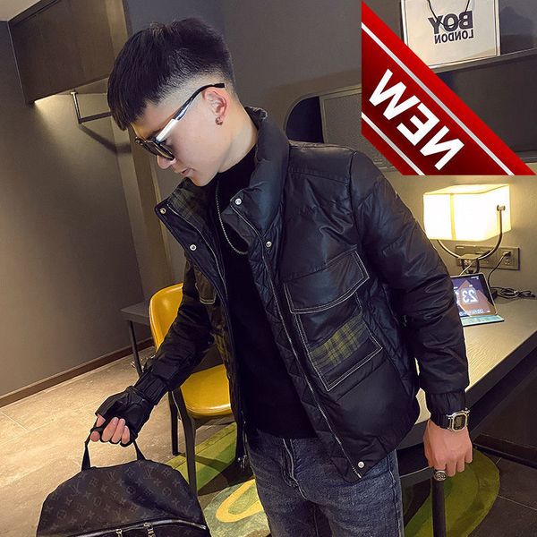 

2021 men winter fashion pu leather down jackets men's stitching thicken warm coats male short white duck overcoats w810, Black
