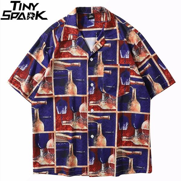 

harajuku hawaiian shirt hip hop streetwear wine glass print beach 2021 men summer short sleeve aloha casual men's shirts, White;black