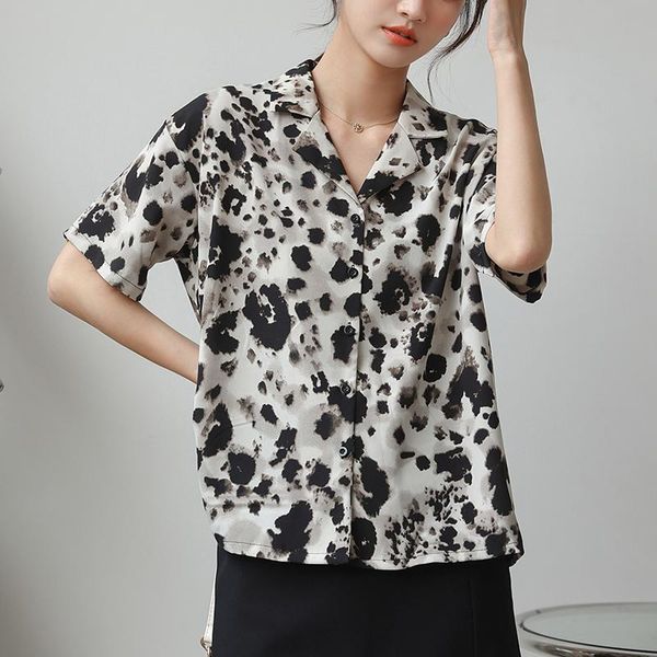 

women's blouses & shirts 2021 leopard print button up women casual short sleeve femme summer mujer loose single breasted blouse, White