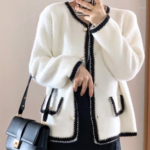 

women's wool & blends vintage braided lines tweed jacket women long sleeve pearl button autumn coat contrast color white black manteau