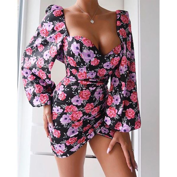 

casual dresses fashion women dress puff sleeve v-neck wrapped chest flower print short irregular bag hip autumn party street clothes, Black;gray