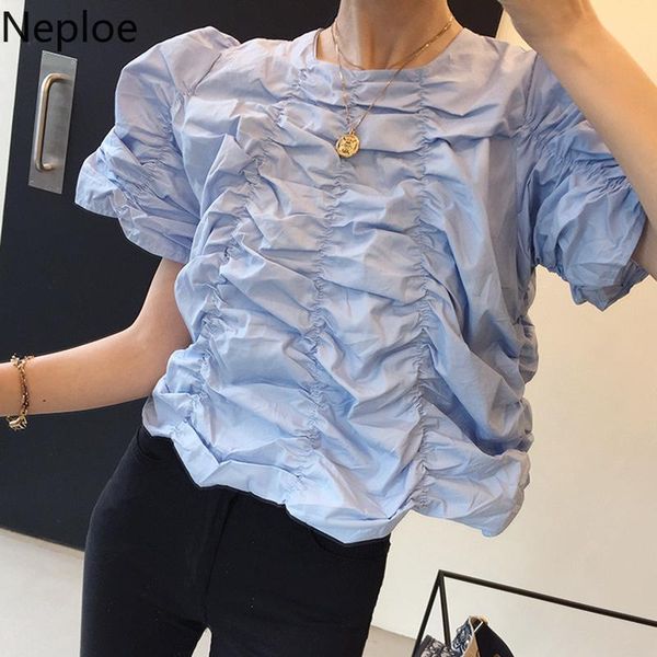 

women's blouses & shirts neploe temperament o neck pleated blouse women puff short sleeve white 2021 korean chic folds blusas mujer de