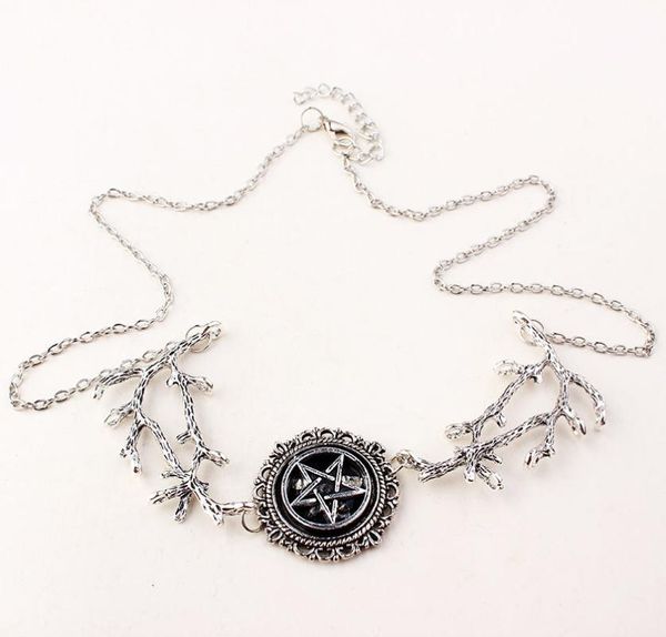 

pendant necklaces punk gothic pentagram necklace for women silver color branches chain female goth fashion star jewelry wholesale gift vgn04