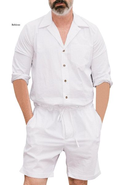 

men's pants plus size men jumpsuit solid color linen drawstring overalls long sleeve short romper casual hip hop streetwear, Black