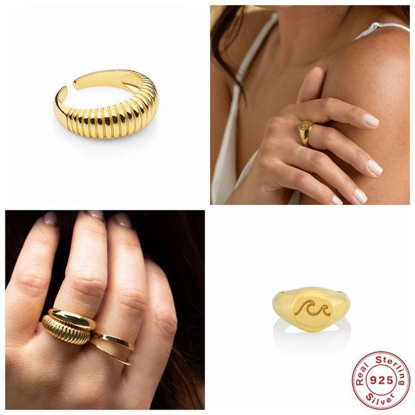 

100% s925 sterling silver luxury round smooth wavy female rings opening character gold-plated adjustabl ring fine jewelry cluster, Golden;silver