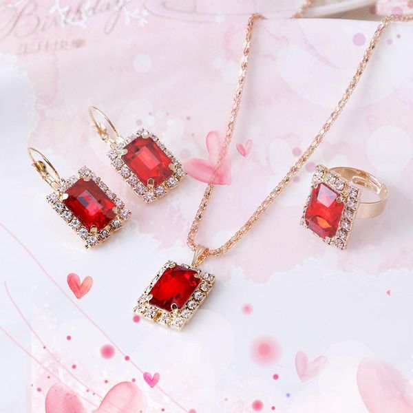 

earrings & necklace 3pcs crystal love heart earring ring set vintage metal chain pendant necklaces for women girl fashion jewelry, Silver