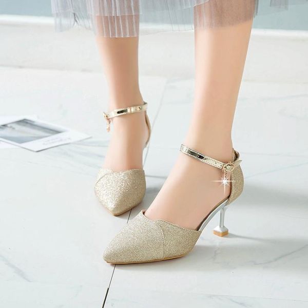 

plus size 11 12 13 14 15 16 high heels sandals women shoes woman summer ladies baotou thin with one-word button-point sequins, Black