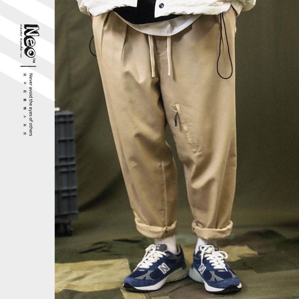 

khaki overalls men's cargo solid pleated tapered straight loose fashion casual pants, Black