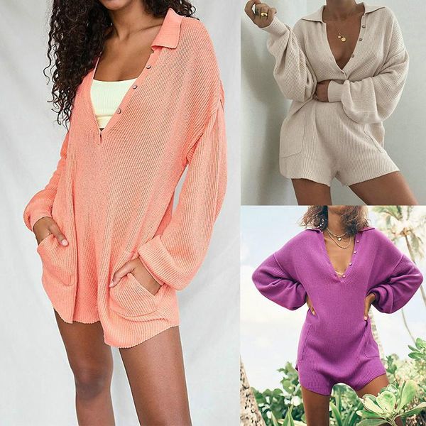 

women's jumpsuits & rompers women summer playsuit low cut loose solid knitting suit female fashion long sleeve v-neck casual polyester, Black;white