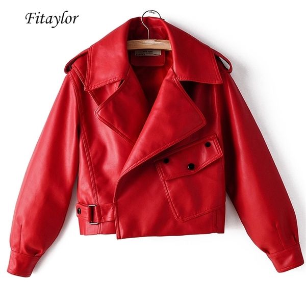 

fitaylor autumn women faux leather jacket pu motorcycle biker red coat turndown collar loose streetwear black punk outerwear 210916